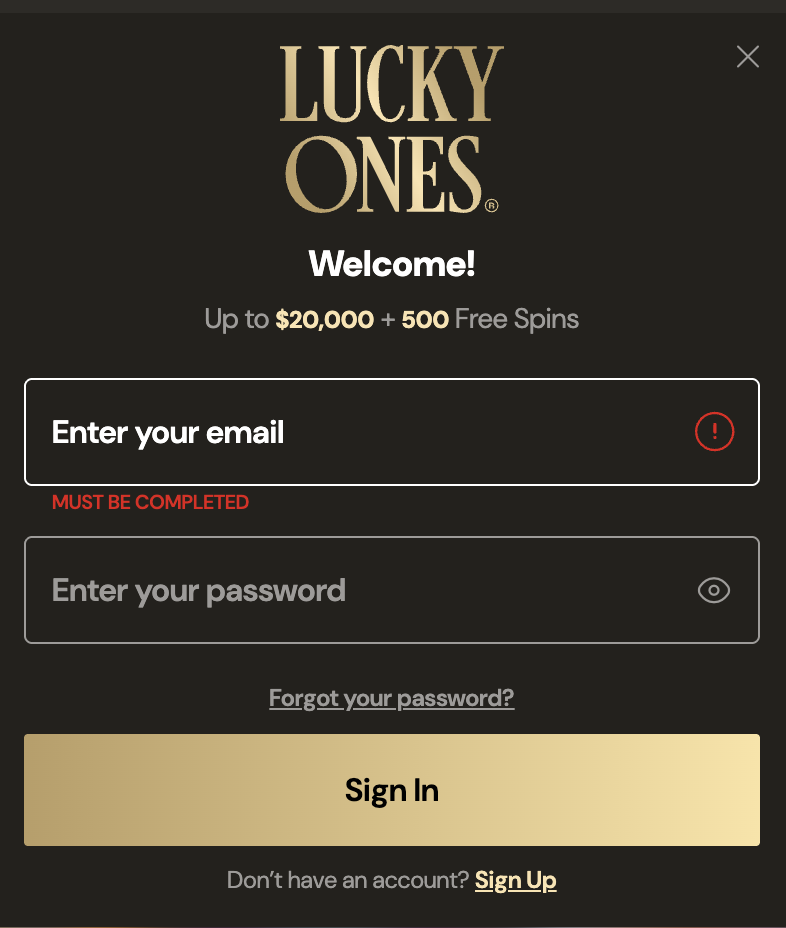 LuckyOnes Casino sign-in login form