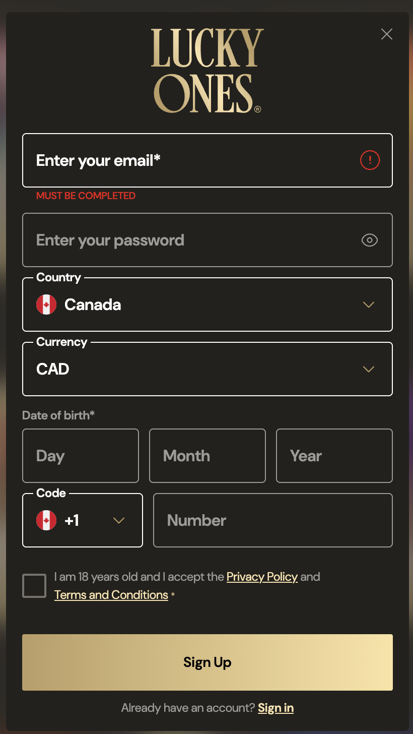 LuckyOnes Casino registration form with Canada and CAD selected