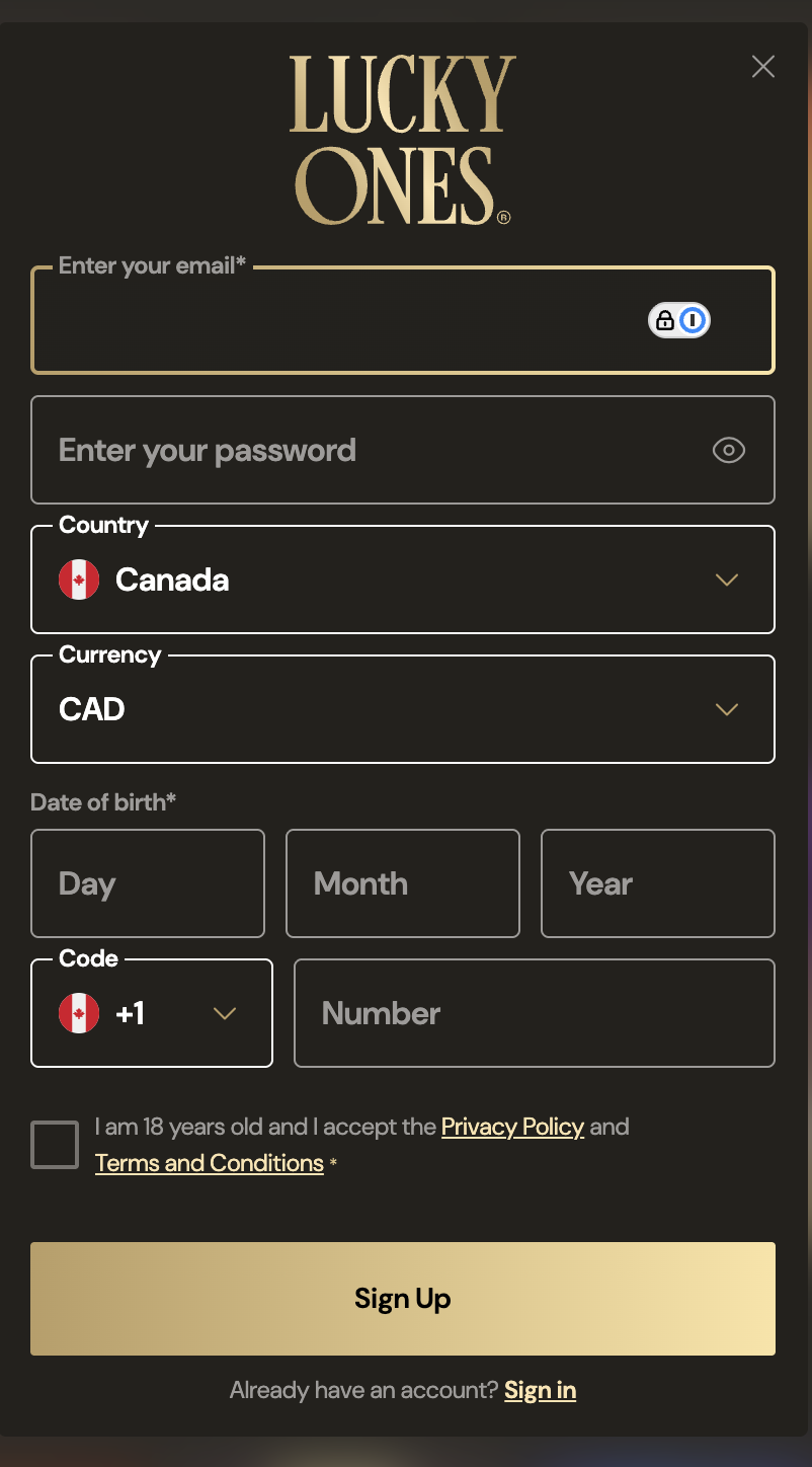 LuckyOnes Casino sign-up registration form